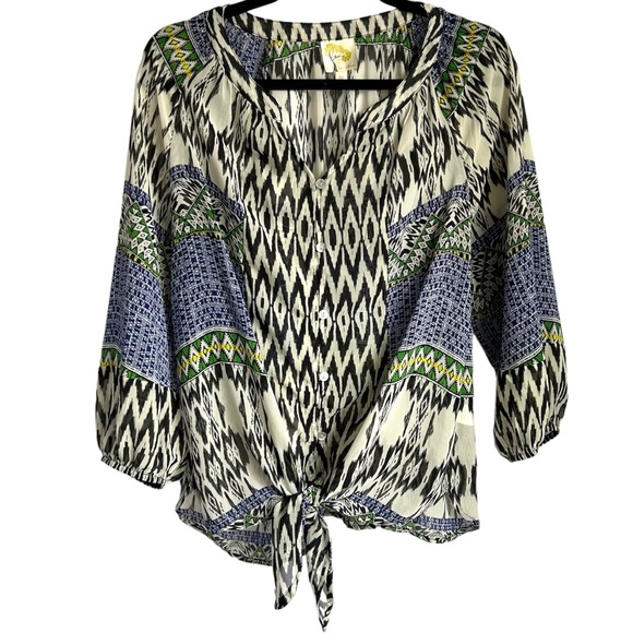 Tie front button up lightweight patterned top - Picture 1 of 5